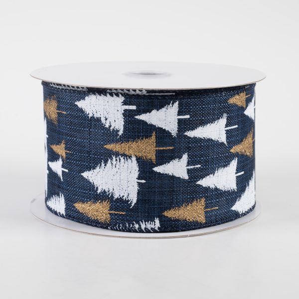 2.5  White & Gold Glittered Tree Linen Ribbon: Navy (10 Yards) For Sale