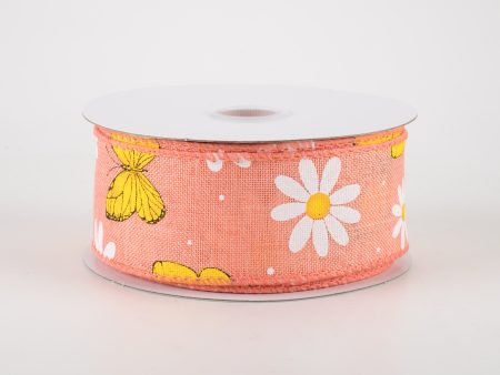 1.5  Daisies & Butterflies Linen Ribbon: Coral (10 Yards) Online Hot Sale