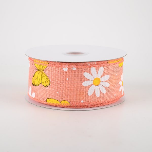 1.5  Daisies & Butterflies Linen Ribbon: Coral (10 Yards) Online Hot Sale