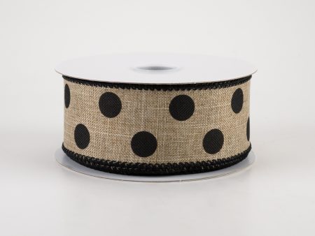 1.5  Linen Polka Dot Ribbon: Black on Natural (10 Yards) Online now