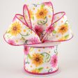 2.5  White Satin Daisies Ribbon: Pink & Yellow (10 Yards) on Sale