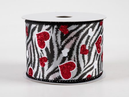 2.5  Zebra Stripes & Red Glitter Hearts Satin Ribbon (10 Yards) Online Sale