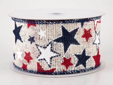 2.5  Burlap Patriotic Stars Ribbon: Cream (10 Yards) Cheap