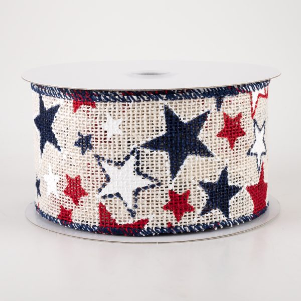 2.5  Burlap Patriotic Stars Ribbon: Cream (10 Yards) Cheap