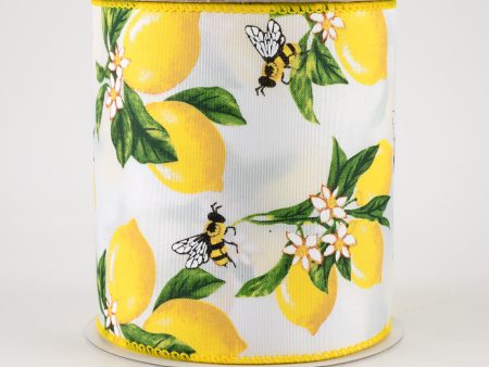 4  Satin Lemons & Bees Ribbon: White (10 Yards) Discount