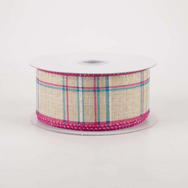 1.5  Cornelia Plaid Ribbon: Natural, Fuchsia, Turquoise & White (10 Yards) Online Hot Sale