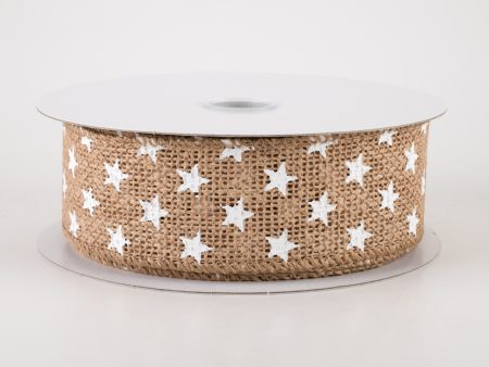 1.5  Burlap White Stars Ribbon: Natural (10 Yards) Online now