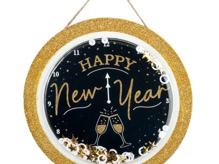 10  Shiny Happy New Year Clock Sign: Black & Gold For Sale