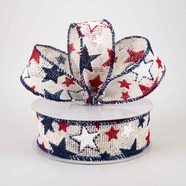 1.5  Burlap Patriotic Stars Ribbon: Cream (10 Yards) For Discount