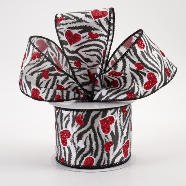 2.5  Zebra Stripes & Red Glitter Hearts Satin Ribbon (10 Yards) Online Sale