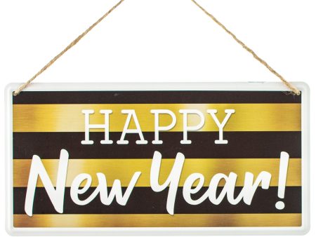 12  Embossed Metal Sign: Happy New Year Black & Gold For Discount