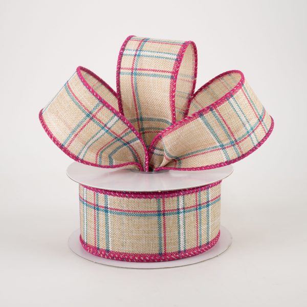 1.5  Cornelia Plaid Ribbon: Natural, Fuchsia, Turquoise & White (10 Yards) Online Hot Sale