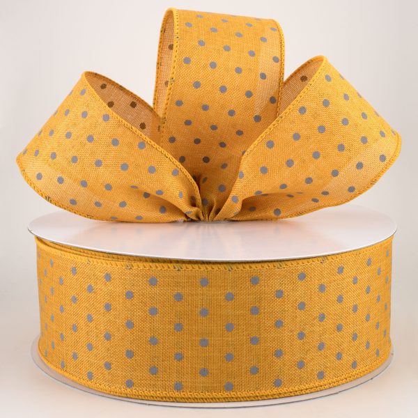 2.5  Tiny Dots Linen Ribbon: Grey on Sunflower (50 Yards) Online Hot Sale