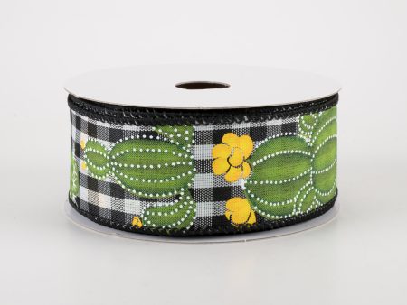 1.5  Cactus on Gingham Ribbon: Black & White (10 Yards) Online now