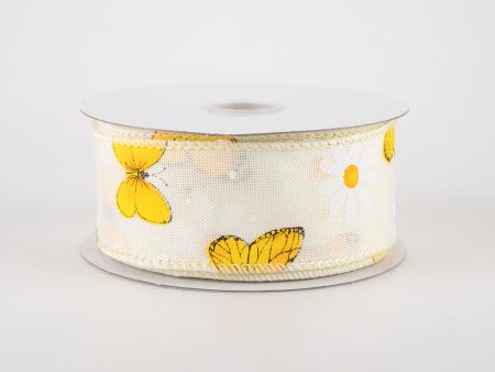 1.5  Daisies & Butterflies Linen Ribbon: Ivory (10 Yards) Cheap