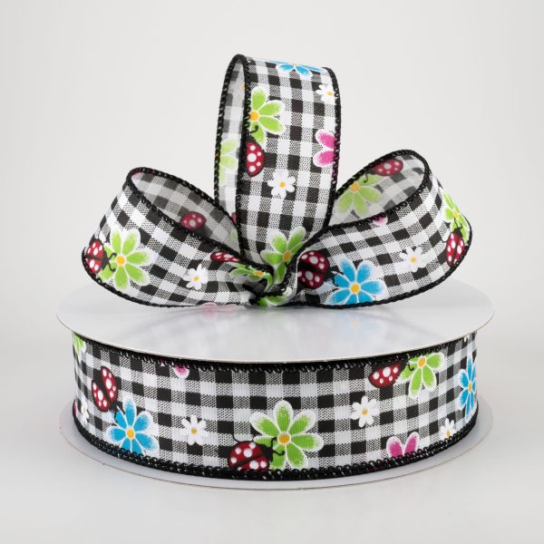 1.5  Bright Daisies and Ladybugs Ribbon: Black & White Gingham (50 Yards) Supply