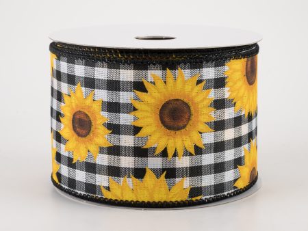 2.5  Sunflowers on Gingham Ribbon: Black & White (10 Yards) For Discount