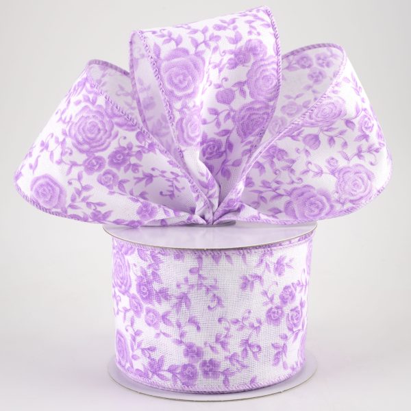 2.5  Ombré Roses on White Linen Ribbon: Lavender (10 Yards) For Sale