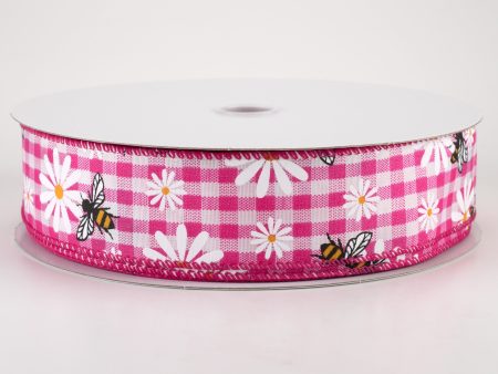 1.5  Daisies & Bees Ribbon: Fuchsia & White Gingham (50 Yards) Supply