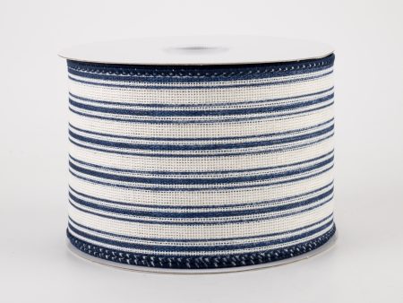 2.5  Ticking Linen Ribbon: Cream & Navy (10 Yards) Online Sale