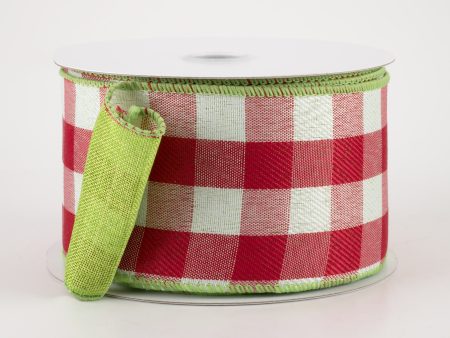 2.5  Two Sided Buffalo Plaid & Linen Ribbon: Red, White & Lime (10 Yards) For Discount