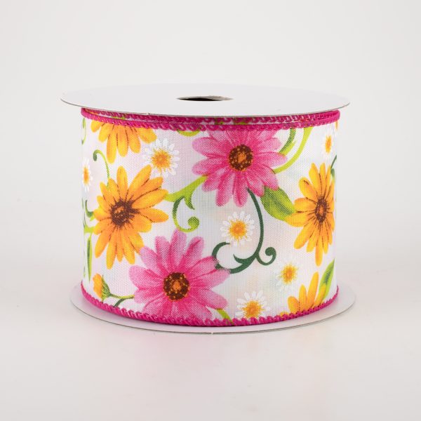 2.5  White Satin Daisies Ribbon: Pink & Yellow (10 Yards) on Sale