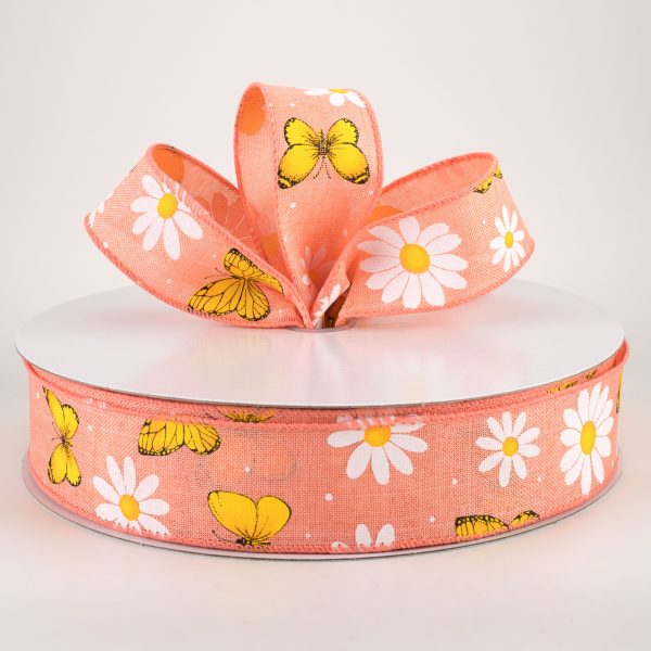 1.5  Daisies & Butterflies Linen Ribbon: Coral (50 Yards) Discount