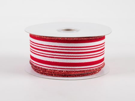 1.5  Iridescent Ticking Stripes Satin Ribbon: White & Red (10 Yards) For Sale