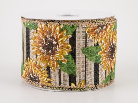 2.5  Sunflowers on Black Striped Linen Ribbon (10 Yards) For Cheap