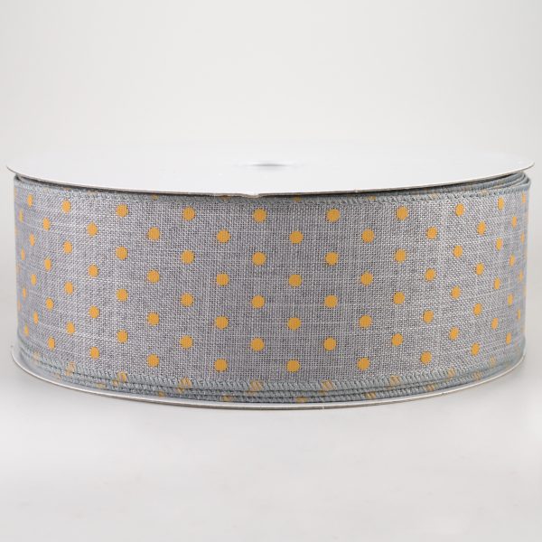 2.5  Tiny Dots Linen Ribbon: Sunflower on Grey (50 Yards) Fashion