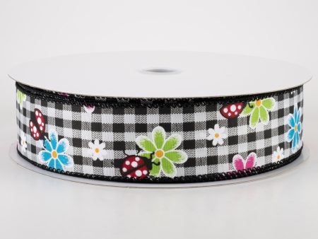 1.5  Bright Daisies and Ladybugs Ribbon: Black & White Gingham (50 Yards) Supply