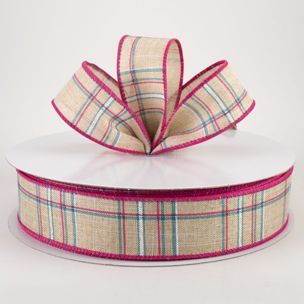 1.5  Cornelia Plaid Ribbon: Natural, Fuchsia, Turquoise & White (50 Yards) Fashion