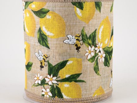 4  Linen Lemons & Bees Ribbon: Natural (10 Yards) Sale