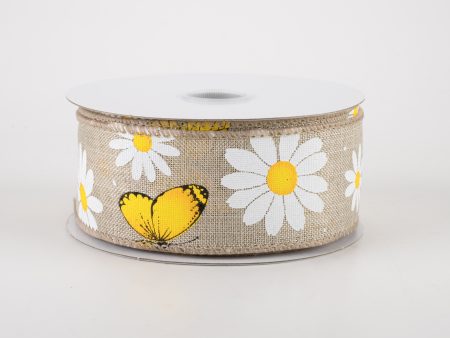 1.5  Daisies & Butterflies Linen Ribbon: Natural (10 Yards) For Cheap