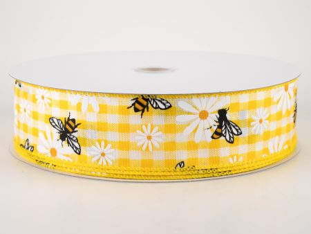 1.5  Daisies & Bees Ribbon: Yellow & White Gingham (50 Yards) Fashion