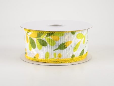 1.5  Linen Buds & Berries Ribbon: Yellow on White (10 Yards) Online Hot Sale