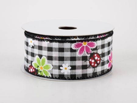 1.5  Bright Daisies and Ladybugs Ribbon: Black & White Gingham (10 Yards) Supply