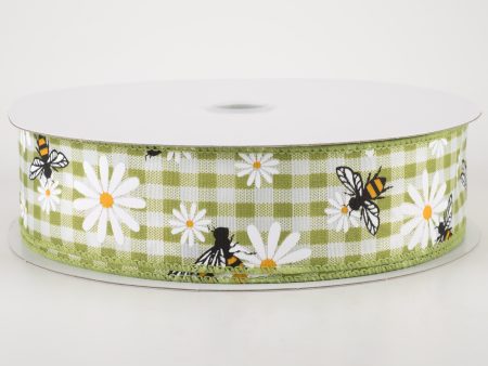 1.5  Daisies & Bees Ribbon: Sage Green Gingham (50 Yards) on Sale