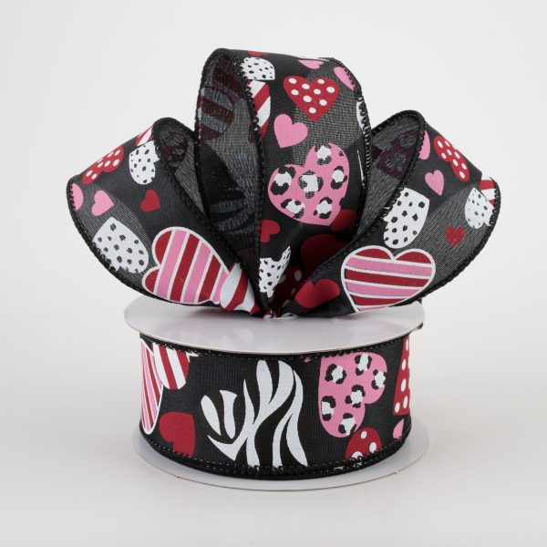 1.5  Cheetah, Zebra, Dot, Stripe Hearts Ribbon: Black (10 Yards) Supply