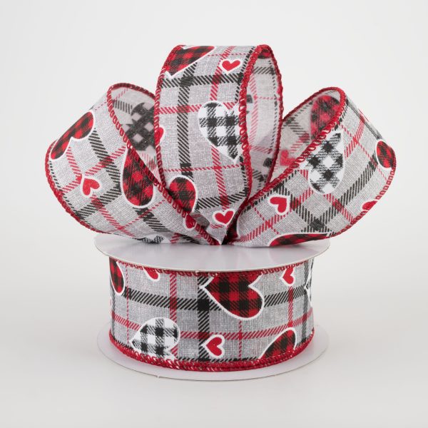 1.5  Buffalo Plaid Hearts on Plaid Ribbon: Grey, Black, Red (10 Yards) on Sale