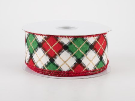 1.5  Claire Plaid Ribbon: Ivory, Red, Green (10 Yards) Sale