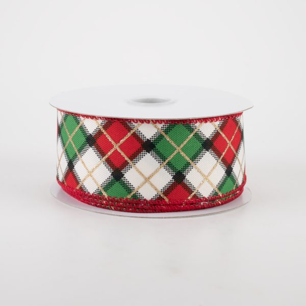 1.5  Claire Plaid Ribbon: Ivory, Red, Green (10 Yards) Sale