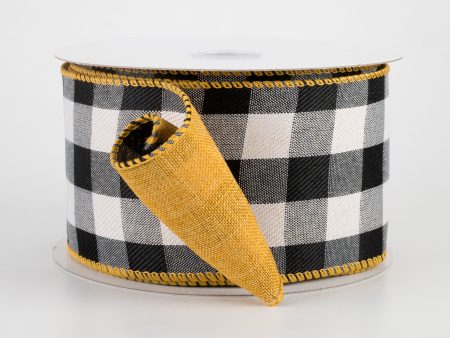 2.5  Two Sided Buffalo Plaid & Linen Ribbon: Black, White, Sunflower Yellow (10 Yards) For Discount