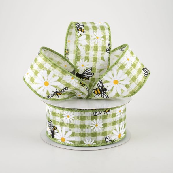 1.5  Daisies & Bees Ribbon: Sage Green Gingham (10 Yards) For Sale