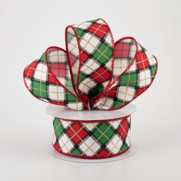 1.5  Claire Plaid Ribbon: Ivory, Red, Green (10 Yards) Sale