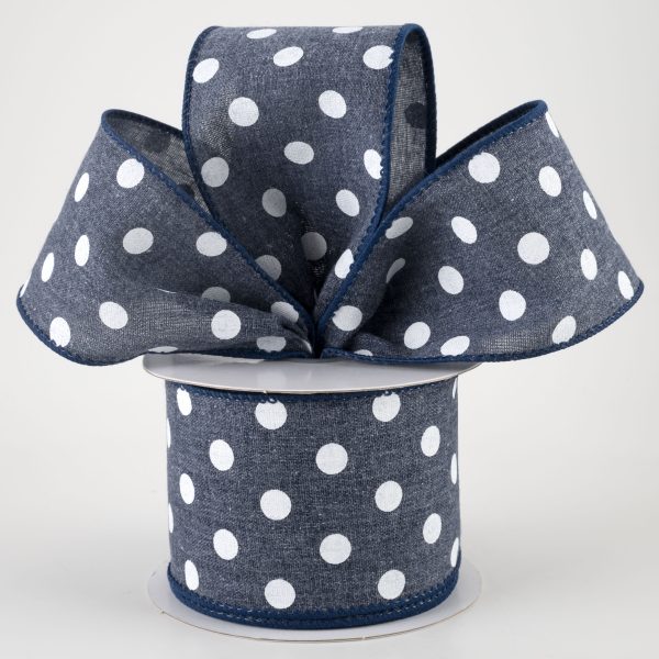 2.5  Stiff Linen Polka Dot Ribbon: Navy Blue (10 Yards) Online now