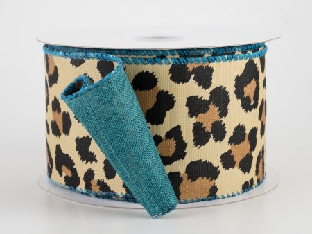 2.5  Two Sided Cheetah Print & Linen Ribbon: Teal (10 Yards) For Sale