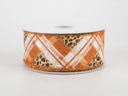 1.5  Cheetah Argyle Plaid Linen Ribbon: Orange & Ivory (10 Yards) For Cheap