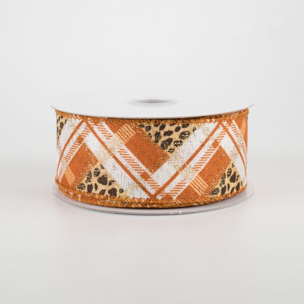 1.5  Cheetah Argyle Plaid Linen Ribbon: Orange & Ivory (10 Yards) For Cheap