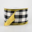 2.5  Two Sided Buffalo Plaid & Linen Ribbon: Black, White, Yellow (10 Yards) For Sale